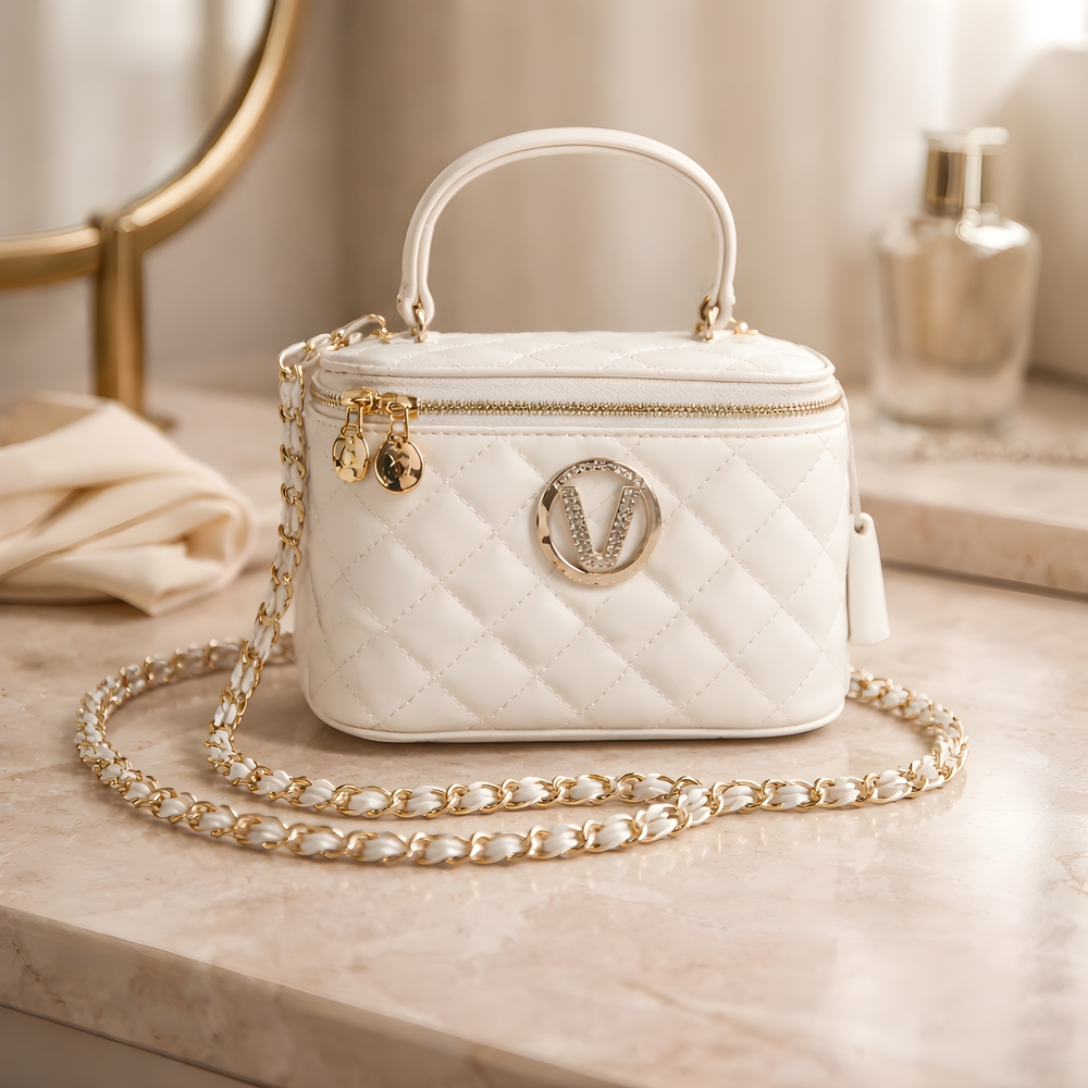 Valentino Orlandi Quilted Top-Handle Crossbody Bag in White Vegan Leather